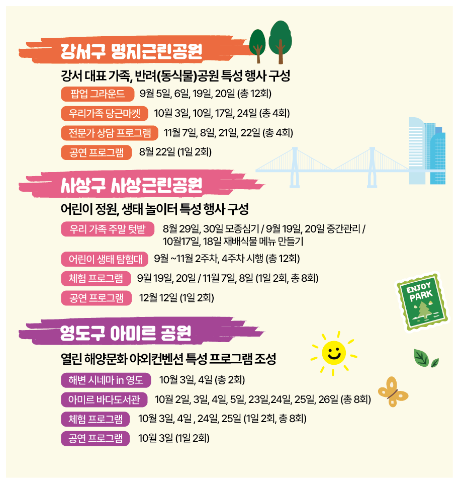 강서구 명지근린공원 · 사상구 사상근린공원 · 영도구 아미르공원 운영 일정